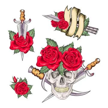 Set of retro tattoos in old school style Stock Illustration