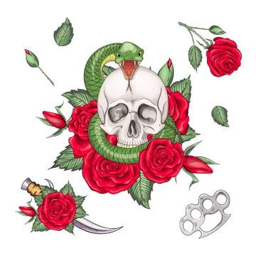 Set of retro tattoos in old school style Illustration