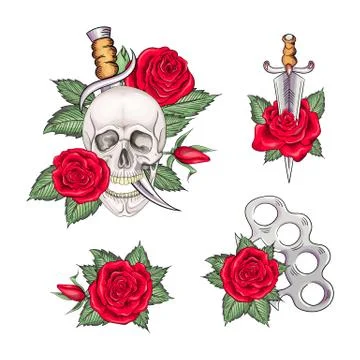 Set of retro tattoos in old school style Illustration