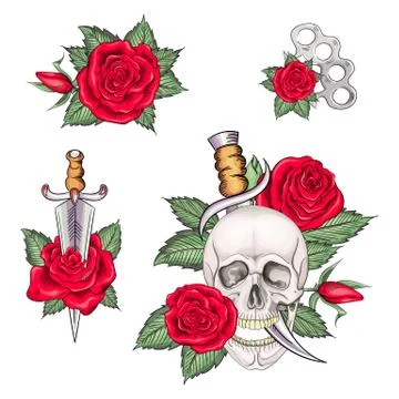 Set of retro tattoos in old school style Illustration