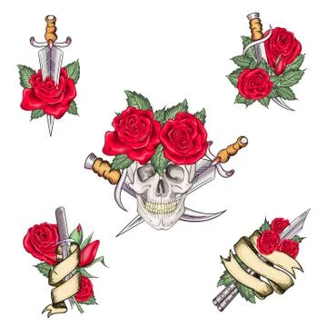 Set of retro tattoos in old school style Illustration