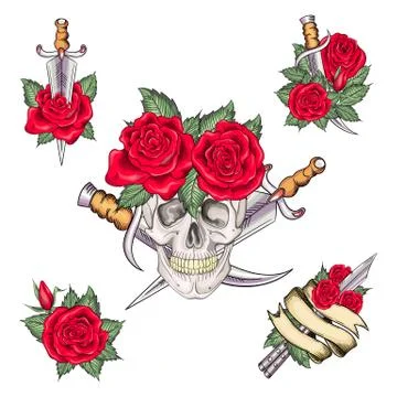Set of retro tattoos in old school style Illustration