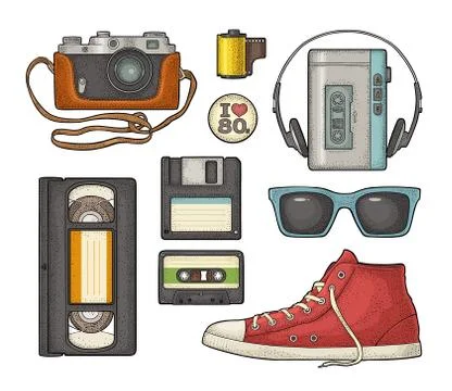 Set retro technology object. Vintage color black engraving illustration Stock-Illustration