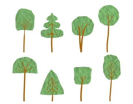 Set of retro trees made with crumpled, torn paper and cardboard textures Stock Illustration