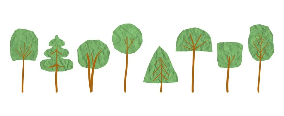 Set of retro trees made with crumpled, torn paper and cardboard textures Stock Illustration