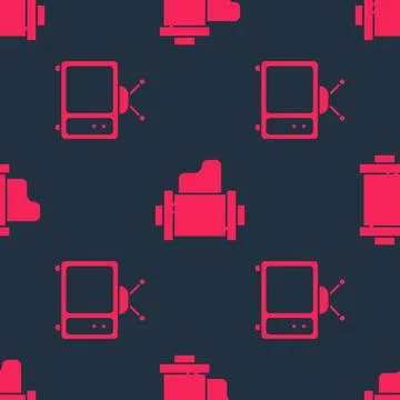 Set Retro tv and Camera vintage film roll cartridge on seamless pattern. Vector 스톡 일러스트