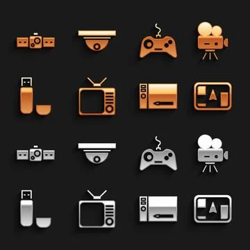 Set Retro tv, cinema camera, Gps device with map, Graphic tablet, USB flash Stock Illustration