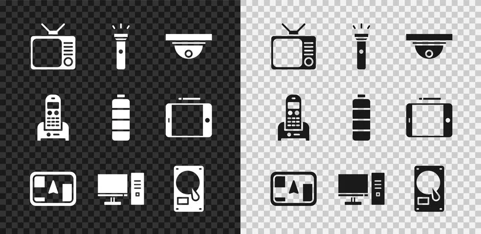 Set Retro tv, Flashlight, Motion sensor, Gps device with map, Computer monitor Stock Illustration