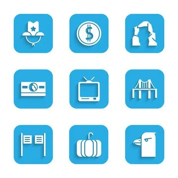 Set Retro tv, Pumpkin, Eagle head, Golden gate bridge, Saloon door, Stacks paper Stock Illustration