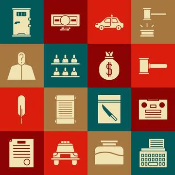 Set Retro typewriter, audio cassette tape, Judge gavel, Police car and flasher Stock Illustration