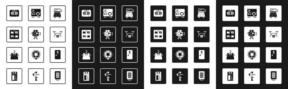 Set Retro typewriter, cinema camera, Storyboard, audio cassette tape, Drone Stock Illustration