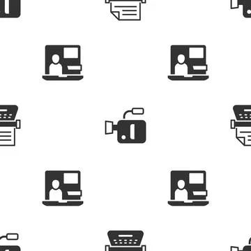 Set Retro typewriter, Cinema camera and World news on seamless pattern. Vector Illustrazione stock