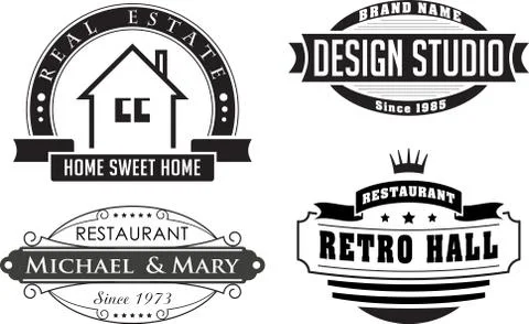 Set of retro vector design elements, logos, signs or labels of restaurant and Illustrazione stock