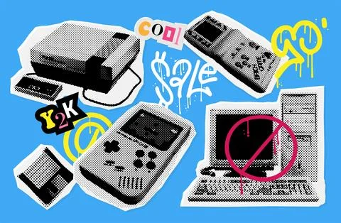 Set of retro video game console, pc, gamepad, floppy. 90s collection of Illustrazione stock