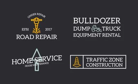 Set of retro vintage construction, jackhammer, putty knife, traffic cone Stock Illustration