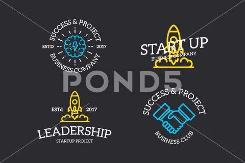 Set of retro vintage handshake, brain, plant growth, rocket logo or insignia Stock Illustration