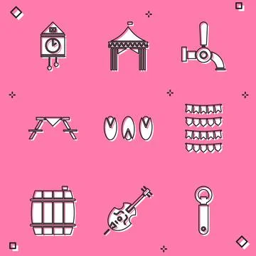 Set Retro wall watch, Camping tent, Beer tap, Picnic table with benches Stock Illustration