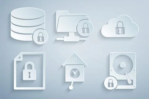 Set Retro wall watch, Cloud computing lock, Document and, Hard disk drive, FTP イラスト素材