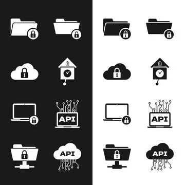 Set Retro wall watch, Cloud computing lock, Folder and, , Laptop and Computer 스톡 일러스트