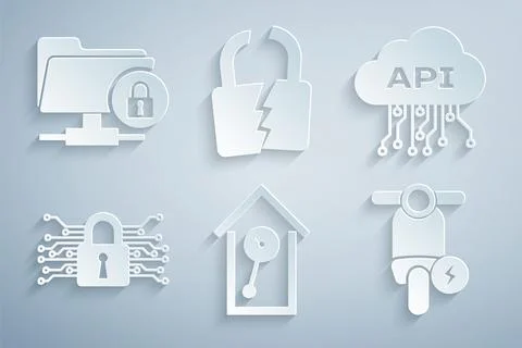 Set Retro wall watch, Cloud api interface, Cyber security, Electric scooter.. Stock Illustration