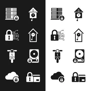 Set Retro wall watch, Cyber security, Server with lock, , Electric scooter and Stock Illustration
