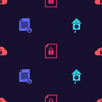 Set Retro wall watch, Document and lock, and Cloud computing on seamless pattern Illustrazione stock