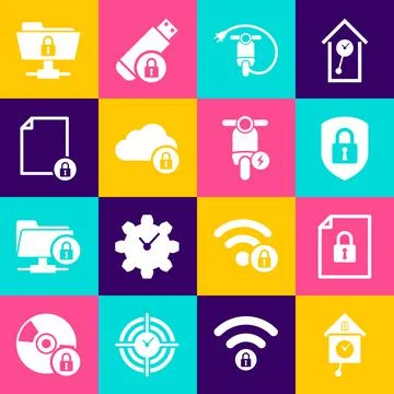 Set Retro wall watch, Document and lock, Shield security with, Electric scooter Illustrazione stock