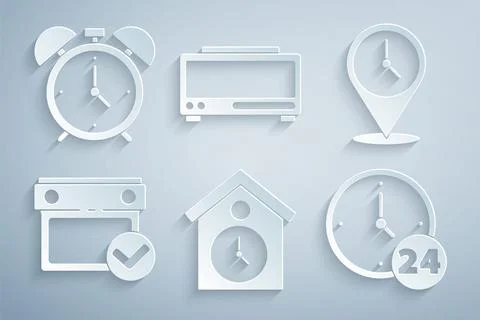 Set Retro wall watch, Location with clock, Calendar check mark, Clock 24 hours Illustrazione stock