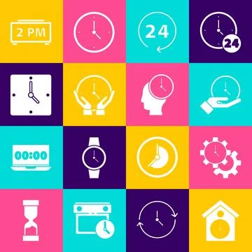 Set Retro wall watch, Time Management, Clock, 24 hours, Digital alarm clock.. Stock Illustration