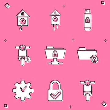 Set Retro wall watch, , USB flash drive with lock, Electric scooter, FTP fo.. Stock Illustration