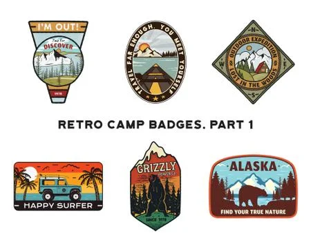 Set of retro Wanderlust Logos Emblems. Vintage hand drawn travel badges Stock Illustration