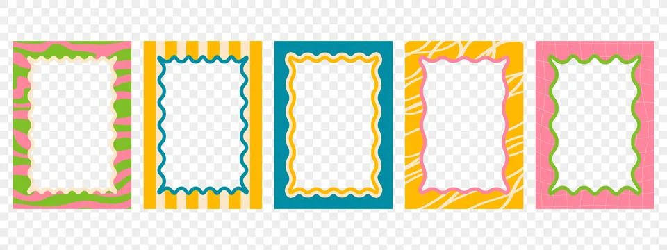 Set of retro wavy frames. Trendy borders with groovy patterns. Modern graph.. Stock Illustration