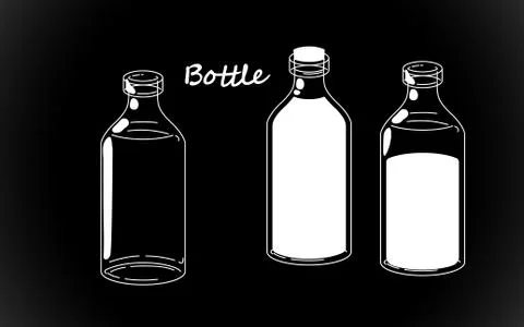 Set retro white bottle silhouette, old fashioned vintage hand drawing Stock Illustration