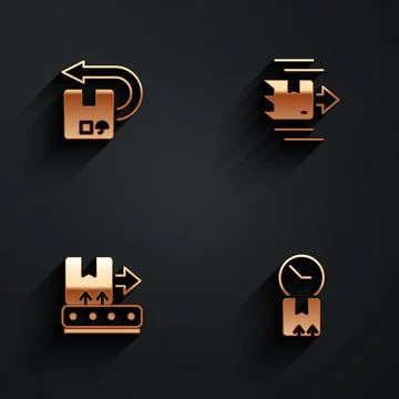 Set Return cardboard box, Carton, Conveyor belt with and Cardboard clock icon Stockillustratie
