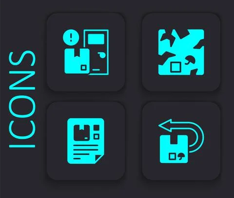Set Return cardboard box, Home delivery services, Broken and Waybill icon. Black Stock Illustration