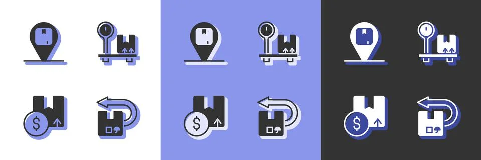 Set Return cardboard box, Location with, Carton and Scale icon. Vector Illustrazione stock
