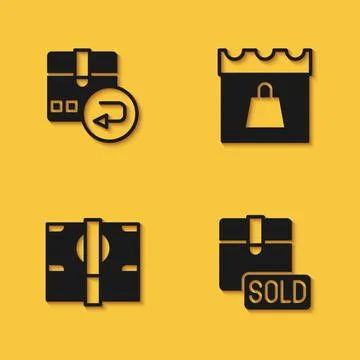 Set Return cardboard box, Sold, Stacks paper money cash and Shopping day icon Stock Illustration