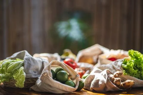 Set of reusable and zero waste cotton shopping bags for food Stock Photos