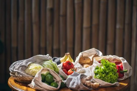 Set of reusable and zero waste cotton shopping bags for food Stock Photos