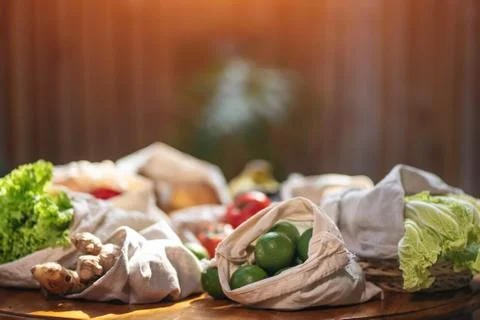 Set of reusable and zero waste cotton shopping bags for food Stock Photos