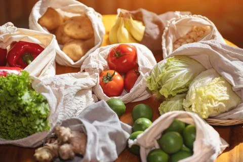Set of reusable and zero waste cotton shopping bags for food Stock Photos