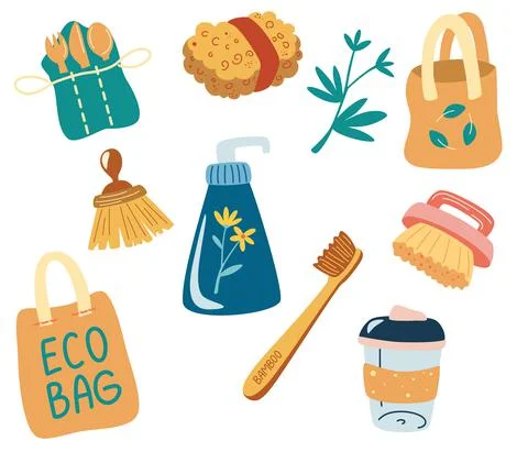 Set of reusable items and packaging. Objects on the topic of ecology, zero wa Stock Illustration