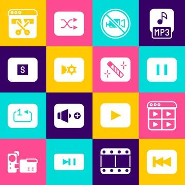 Set Rewind button, Music playlist, Pause, Prohibition no video recording Stock Illustration