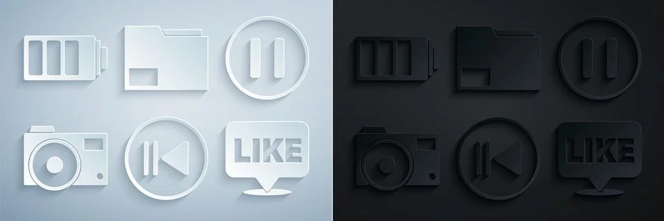 Set Rewind, Pause button, Photo camera, Like speech bubble, Document folder and Illustrazione stock