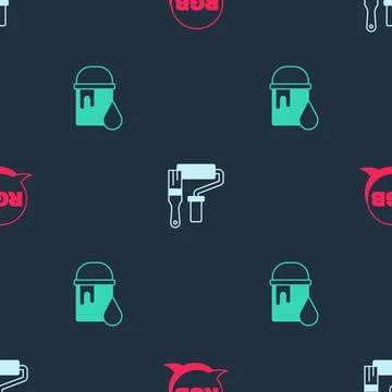 Set RGB, Paint roller brush and bucket on seamless pattern. Vector Stock Illustration