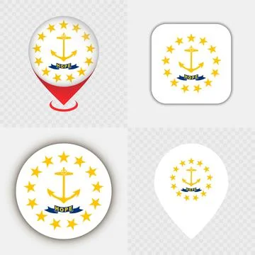 Set of Rhode Island State Flag Icons and Map Pins. Stock Illustration
