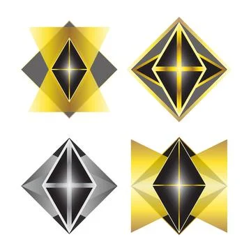 Set of rhombus logotypes in gold, silver and black colors. Geometric logos Stock Illustration