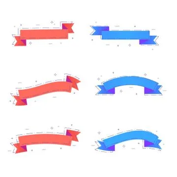 Set of ribbons with dashed lines and geometric abstract shapes isolated on wh Stock Illustration