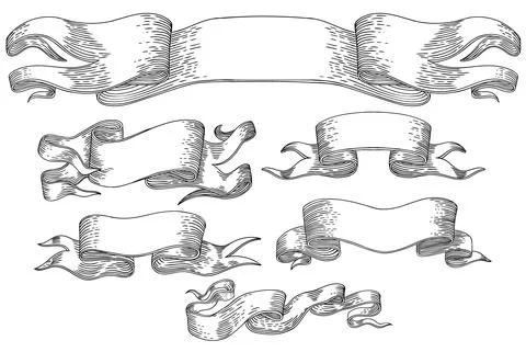 Set of ribbons isolated on white background. Vector black vintage engraving Stock Illustration