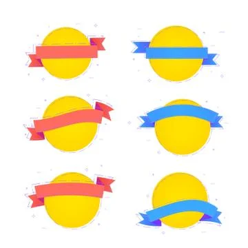 Set of ribbons with round badge, dashed lines and geometric abstract shapes.  Stock Illustration